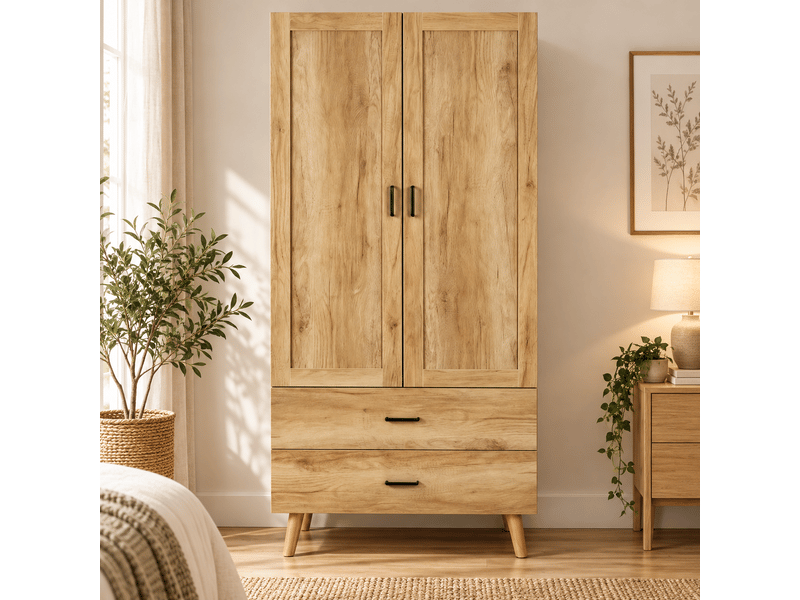 Armoire penderie 80x54x180 cm - 2 portes - 2 tiroirs - tringle - pieds en bois massif - panneaux - naturel CozyNest - Conforama B
