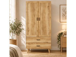Armoire penderie 80x54x180 cm - 2 portes - 2 tiroirs - tringle - pieds en bois massif - panneaux - naturel