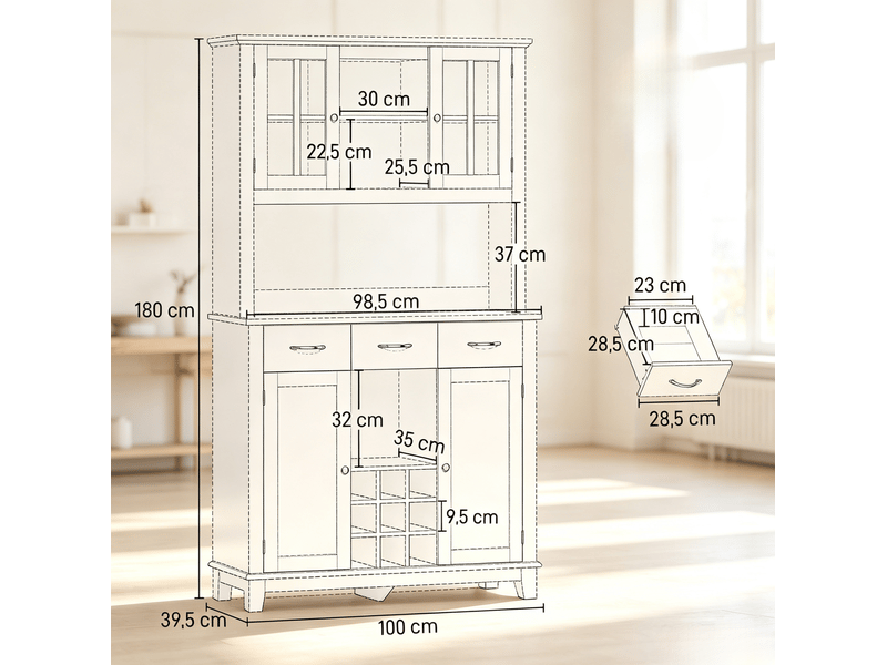 Buffet haut de cuisine blanc et décor chêne 100 x 39,5 x 180 cm, avec éclairage rgb - Conforama C