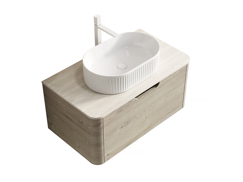  Meuble sous vasque suspendu avec tiroir à fermeture douce - lpospi - vasque ovale, céramique, pierre frittée beige 80 cm  - Conforama A