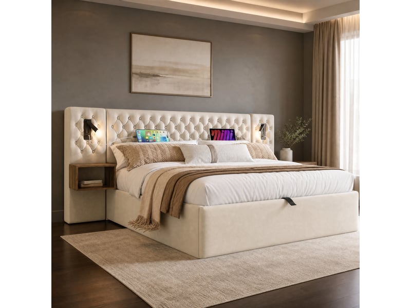 Lit coffre 180 x 200 cm avec 2 tables de chevet, liseuses usb et type-c, beige, velours - Conforama B