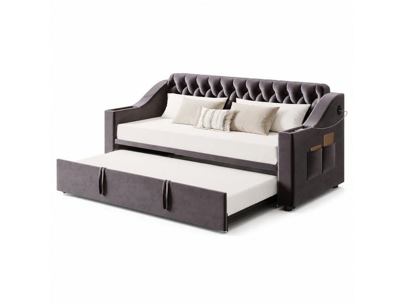  Lit gigogne 90x190 cm, usb et rangements, finition velours gris foncé, sans matelas  - Conforama A