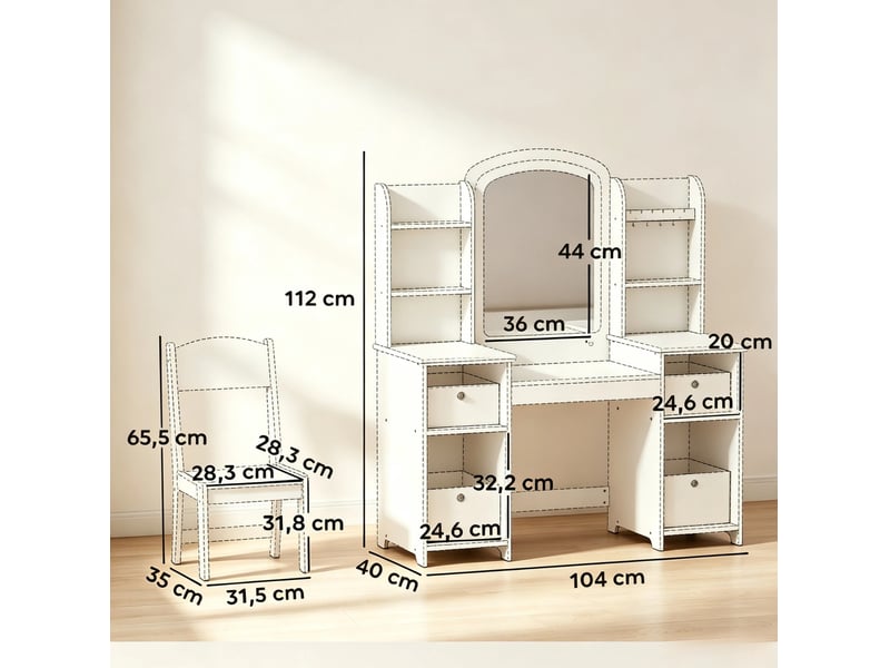 Coiffeuse enfant blanche en mdf avec miroir led et chaise, dès 3 ans, pour jeux créatifs et rangement - Conforama C