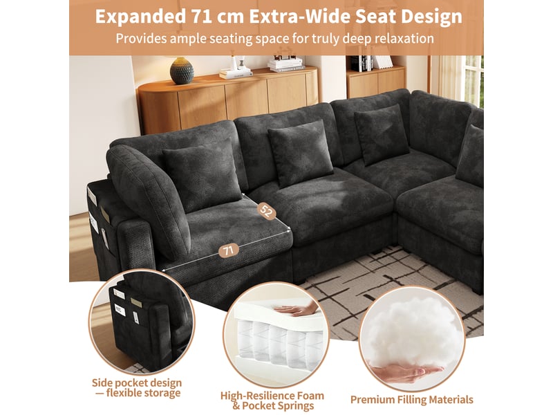  Canapé d’angle modulable 5 places 226x226x81 cm en l, avec 5 coussins et 3 poches latérales d’accoudoirs pour salon, chenille gaufrée, gris Sol Morn - Conforama E