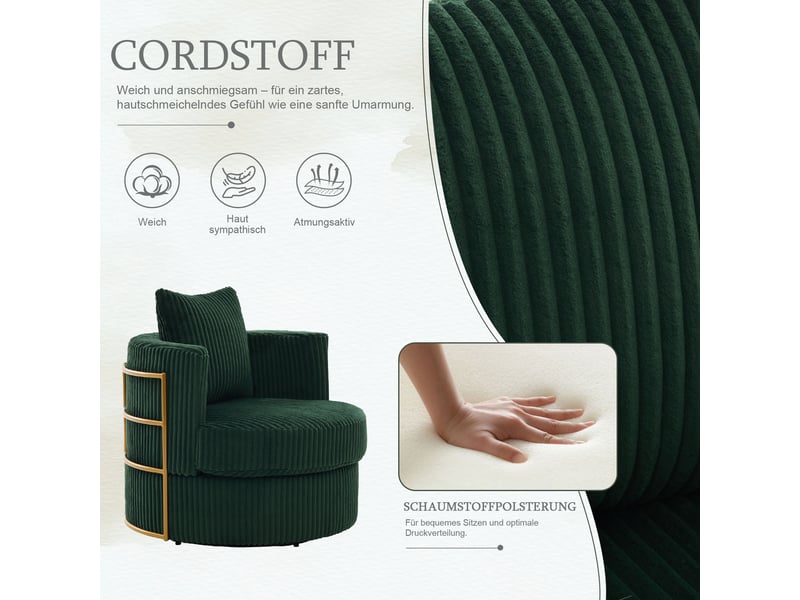 Canapé fauteuil rotatif 360° en velours côtelé vert émeraude avec rangement sous l'assise pour salon - Conforama D