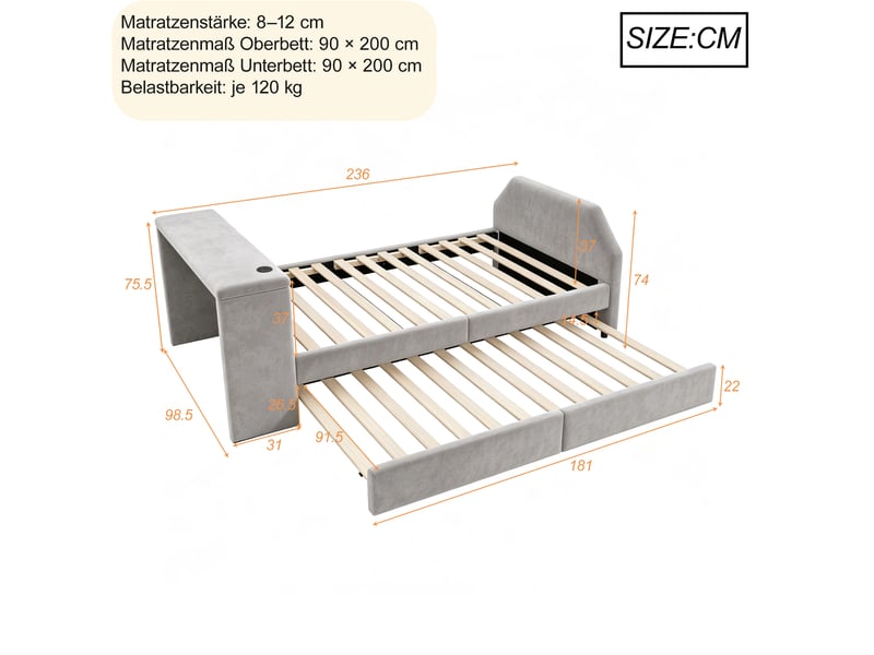 Lit enfant gigogne rembourré 90x200 cm gris avec bureau intégré, usb et couchage d’appoint Fay Lum - Conforama C
