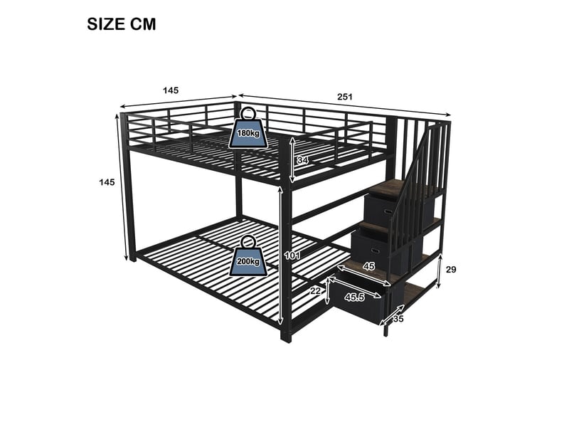  Lit superposé noir en mdf et métal, 140x200 cm avec escalier modulable et rangements intégrés  - Conforama C