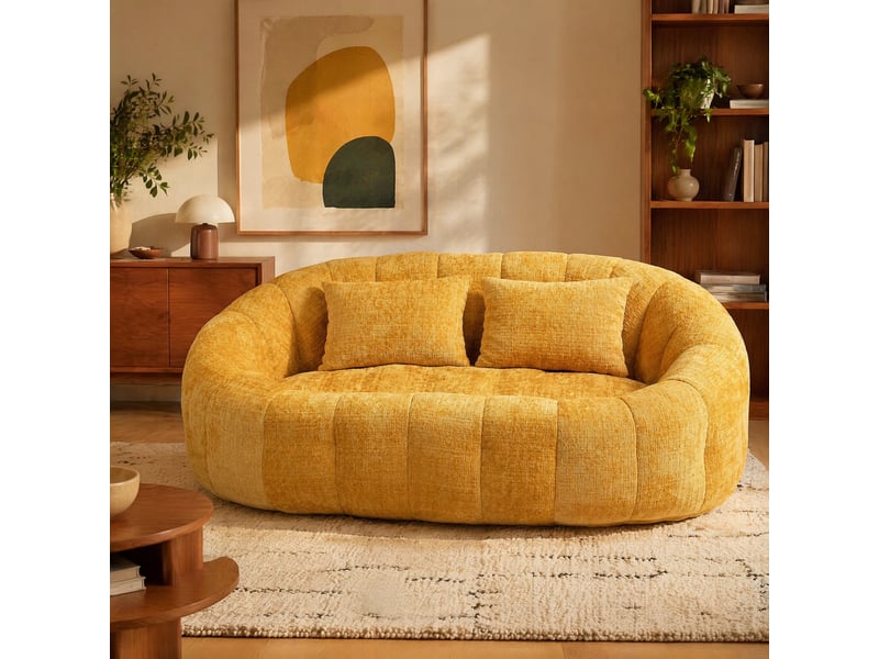 Pouf poire en chenille, avec dossier haut et accoudoirs, mousse haute densité, jaune, 150 x 95 x 63 cm - Conforama B