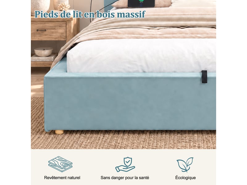  Lit coffre rembourré 140x200 cm avec rangement hydraulique, tête de lit épaisse, sommier à lattes, structure enveloppante, velours bleu, charge 300 kg  - Conforama E