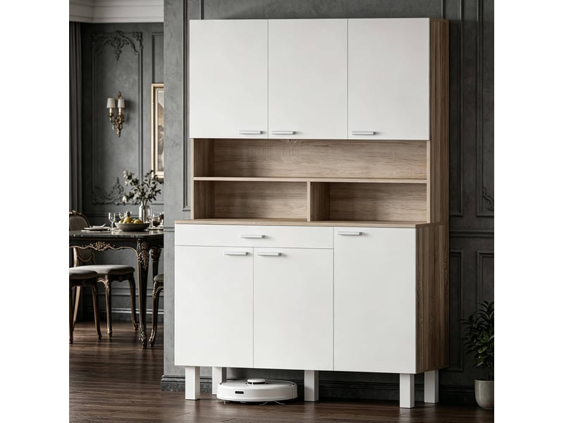  Buffet de cuisine avec 6 portes, 1 tiroir, niches ouvertes et passe-câbles, blanc et bois naturel, 120 × 40 × 175 cm  - Conforama E