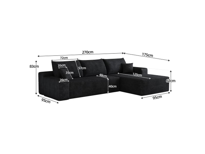 Canapé d'angle modulable 270 cm – méridienne en l, noir profond, sans montage, idéal salon et chambre - Conforama C