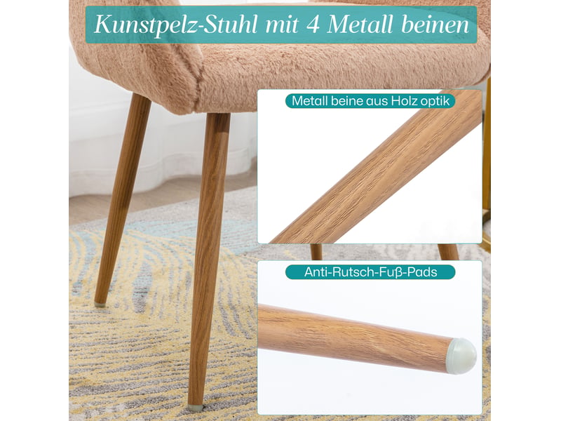 Chaise de salle à manger avec accoudoirs, dossier ajouré et pieds en acier effet bois, en fausse fourrure camel  - Conforama E