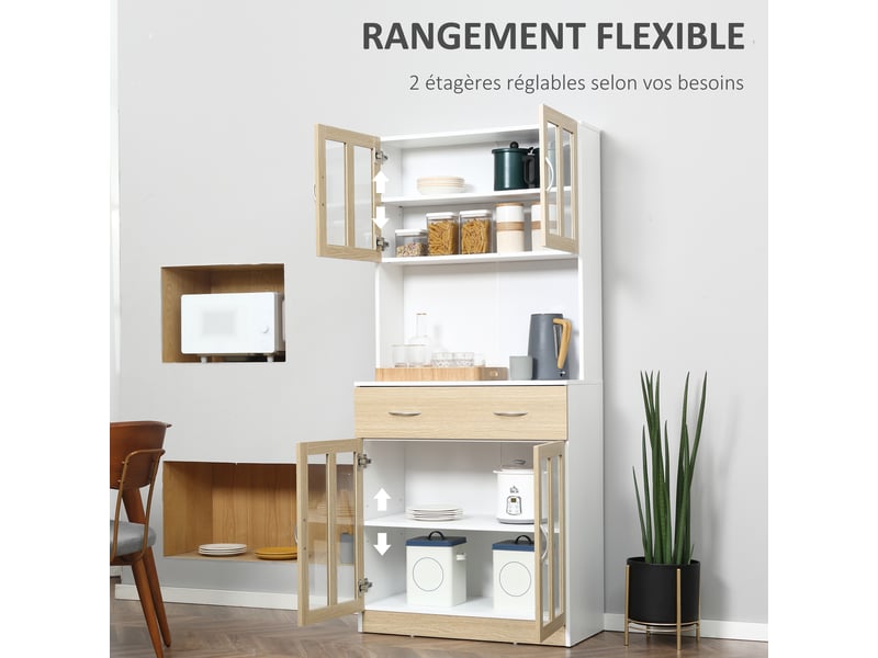  Buffet haut de cuisine armoire de cuisine multi-rangement 4 portes vitrine verre avec tiroir étagère coulissant grand plateau en bois blanc aspect chêne clair  - Conforama E