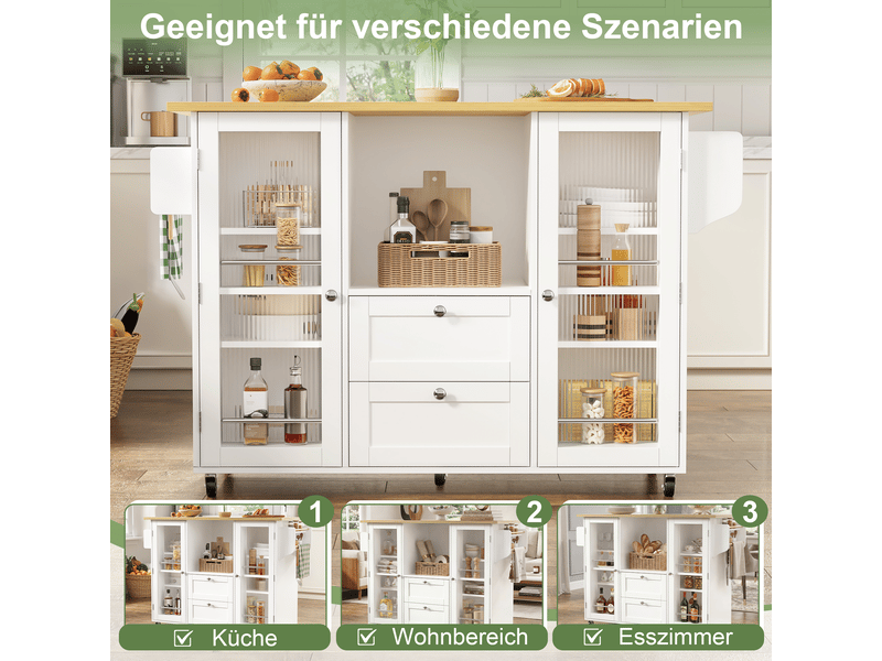 Îlot de cuisine mobile 120 × 45(70) × 92 cm naturel et blanc, mdf, plateau rabattable, 2 tiroirs et porte-épices - Conforama E