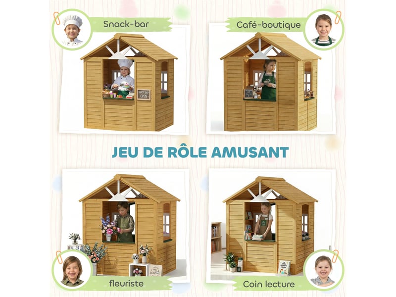  Cabane enfant extérieur en bois, maison enfant extérieure avec porte, fenêtres, 2 bacs à fleurs, marron, 134,5x97x150cm  - Conforama R