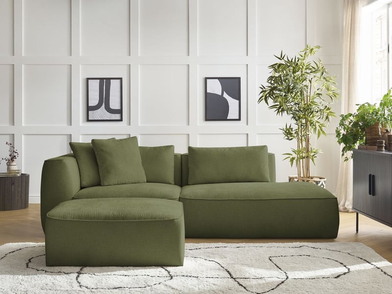 Bobochic canapé droit fixe 3 places leopold tissu texturé avec pouf vert foncé accoudoir gauche LEOPOLD - Conforama D