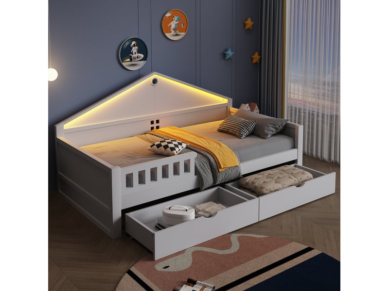Lit enfant simple 90x200 cm avec 2 tiroirs, bande led pilotée sommier à lattes, bois et mdf blanc sans matelas - Conforama B