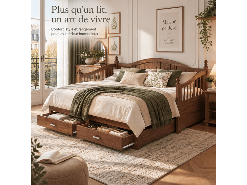  Lit banquette extensible 90x190 cm convertible en 180x190 cm en bois massif, avec tiroirs, sommier à lattes et dossier courbé - noyer  - Conforama E