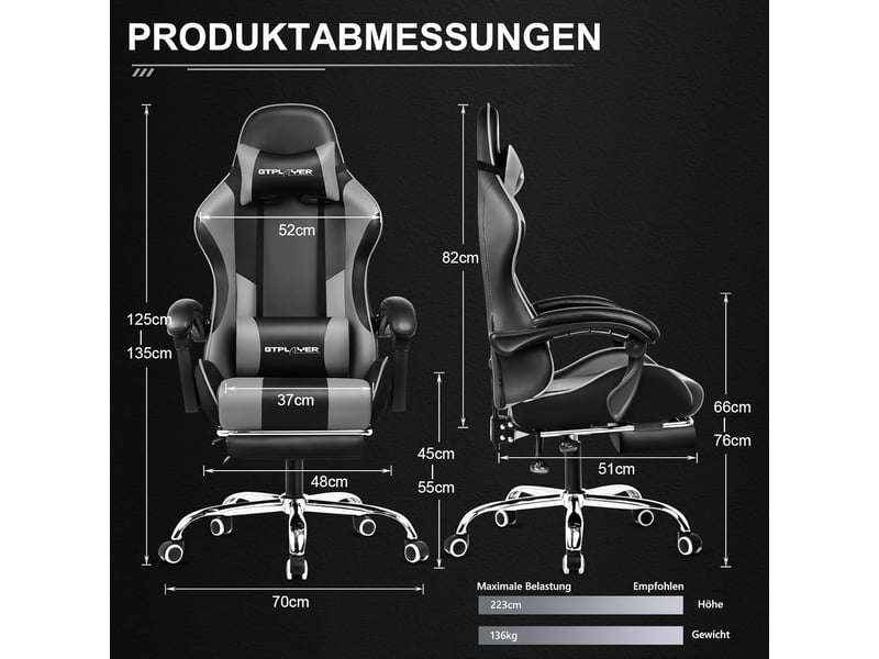 Gtplayer chaise de jeu ergonomique avec repose-pieds, réglable en hauteur - similicuir gris GT800A-GY - Conforama B