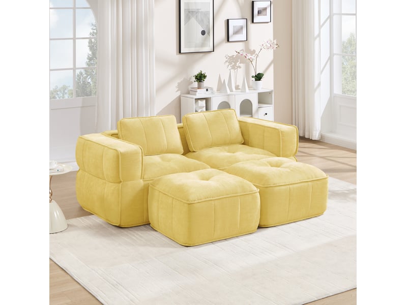  Canapé modulable 2 places avec 2 poufs en polyester jaune  - Conforama B