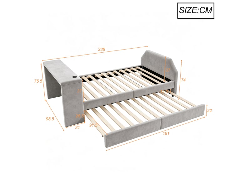  Lit enfant 90x200 cm avec bureau, usb et lit gigogne, velours gris, sans matelas  - Conforama C