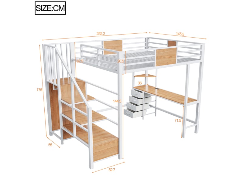  Lit mezzanine 140x200 cm avec bureau, étagères, penderie, lit enfant avec led et prise, métal mdf, blanc, sans matelas  - Conforama C