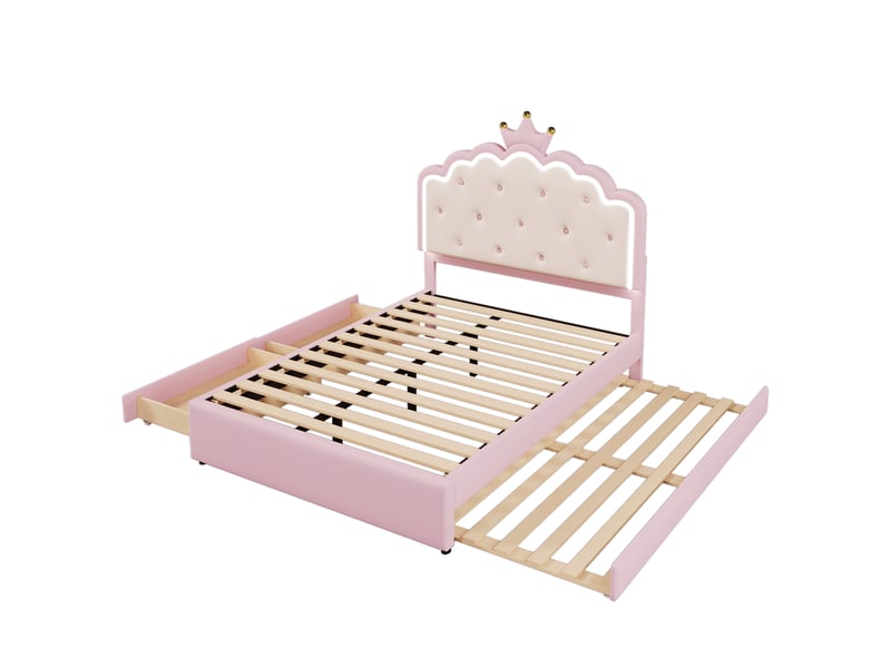  Lit rembourré rose 140x200 cm style princesse avec led, lit gigogne et 2 tiroirs  - Conforama E