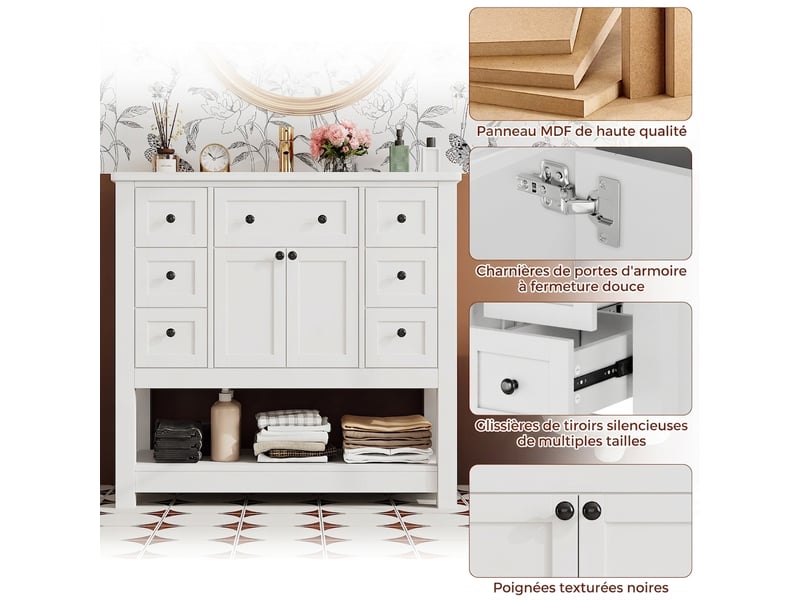  Meuble salle de bain sur pied 91 cm meuble vasque blanc laqué poignées noires  - Conforama C