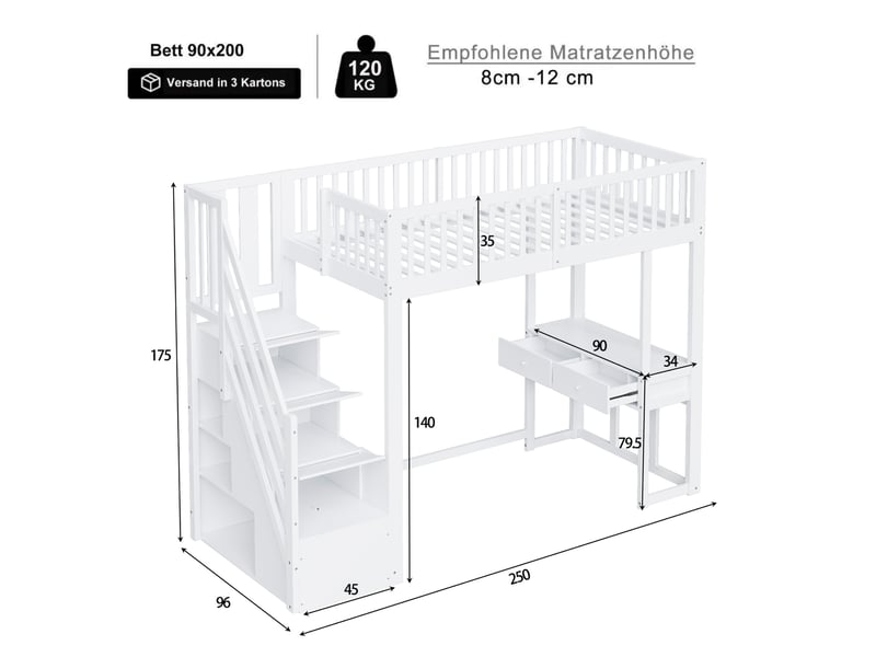  Lit mezzanine, 90x200 cm, lit en hauteur, avec bureau, escalier de rangement, matelas non inclus, bois, coloris blanc  - Conforama C