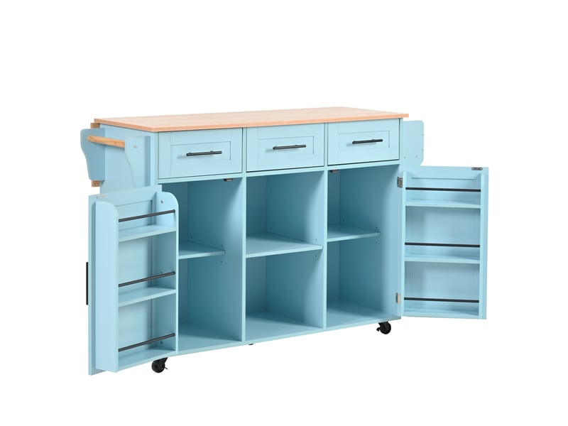  Desserte de cuisine bleue 139x46(71)x91,5 cm avec plateau rabattable, roulettes et finition bois massif  - Conforama E