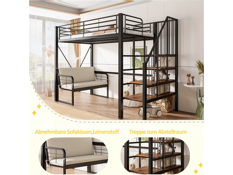 Lit mezzanine avec canapé intégré et escalier de rangement sécurisé, lit superposé 90x200 en métal noir robuste pour adulte et enfant. - Conforama E