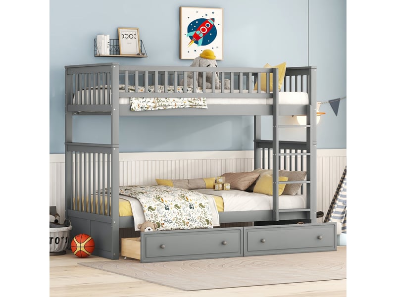 Lit superposé 90x200 en bois massif avec sommiers à lattes, lit enfant gris séparable en deux lits simples pour chambre moderne. - Conforama D