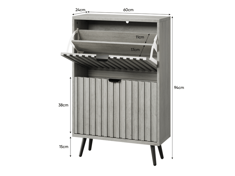  Meuble à chaussures 60x24x94 cm, 2 portes, meuble d'entrée, grande capacité, design rainuré, mdf et aggloméré, gris  - Conforama C