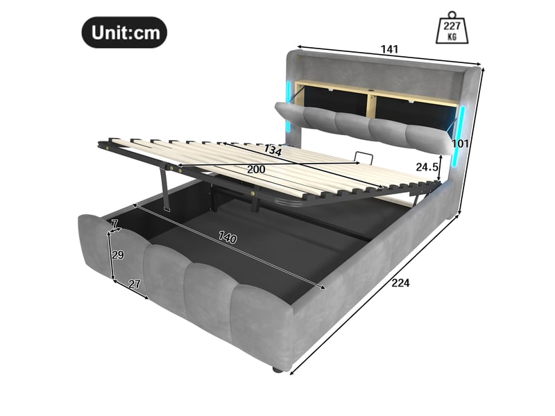  Lit rembourré 140 x 200 cm sans matelas, led, coffre hydraulique, tête avec rangement, usb et type-c, velours gris  - Conforama B