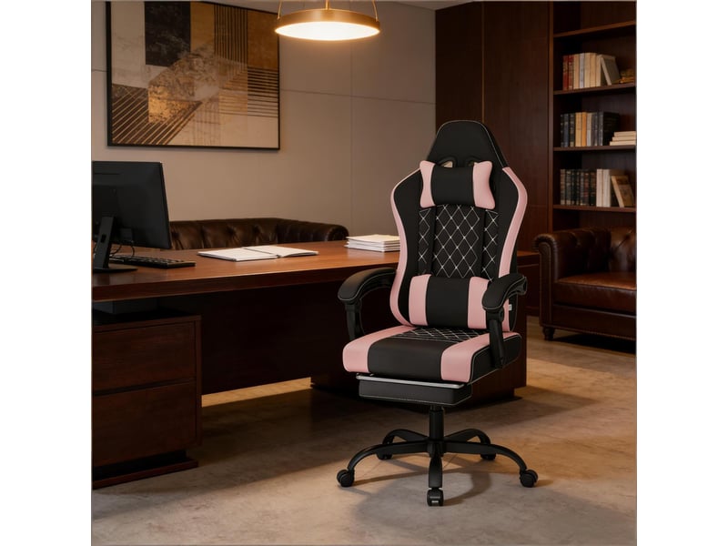  Chaise de bureau ergonomique 70 x 70 x 119,5-127 cm - gaming massage inclinable 145° avec repose-pieds retractable - tissu - noir et rose  - Conforama D