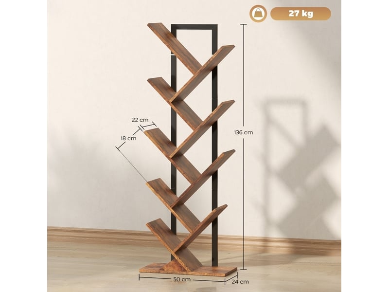  Bibliothèque étagère 9 niveaux 50 x 24 x 136 cm – marron rustique – design arbre pour rangement  - Conforama C