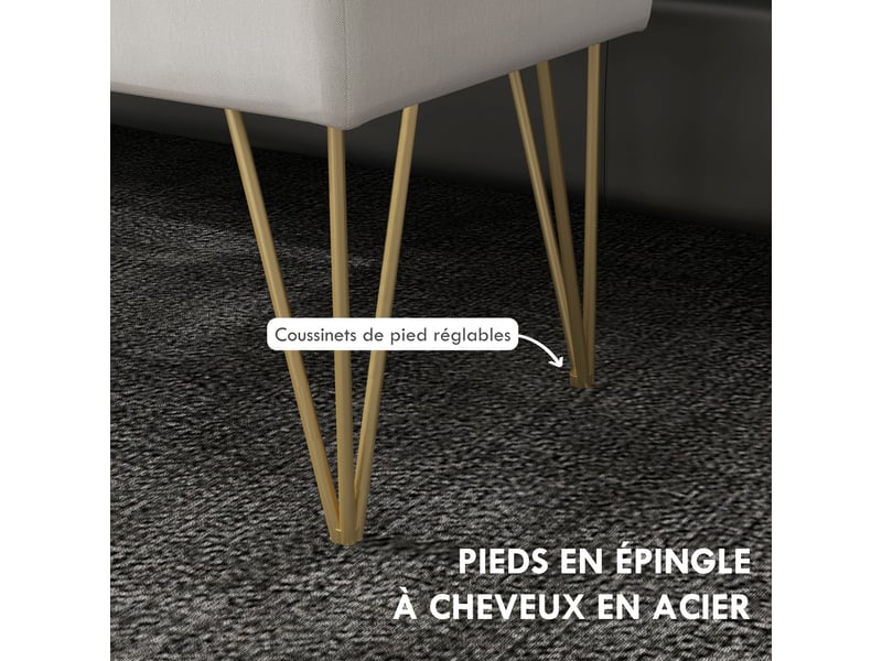  Banc banquette coffre de rangement 2 en 1 en tissu avec pieds épingle en acier doré crème 100 x 40 x 49 cm  - Conforama R