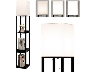 Costway lampadaire sur pied salon moderne avec led e27 variable de 5000k et 1 port usb, lampe salon sur pied 160cm 3 étagères ouvertes et 1 tiroir, montage facile