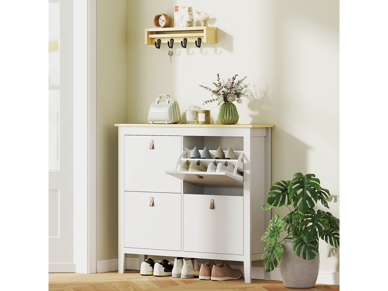  Meuble à chaussures 20 paires avec 4 tiroirs, portes rabattables, étagères amovibles et réglables, blanc  - Conforama B