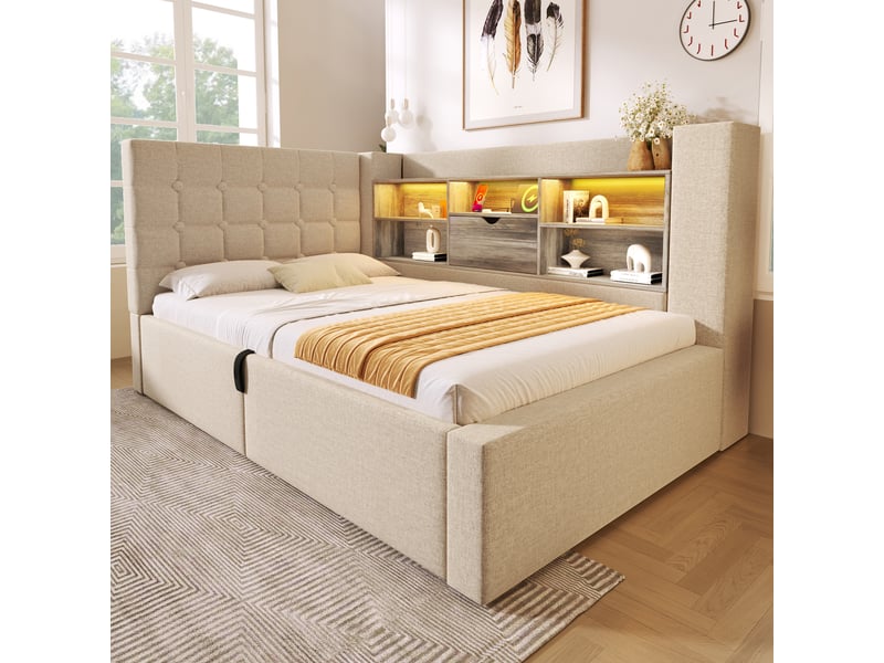  Lit coffre 90x190 cm - lit simple capitonné avec rangement hydraulique, led et ports usb type-c, tête de lit avec espace de stockage - sans matelas - lin beige  - Conforama B