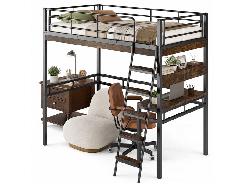  Lit mezzanine 200×90 cm avec bureau, étagères, garde-corps et échelle, sans matelas, en métal et mdf noir  - Conforama A