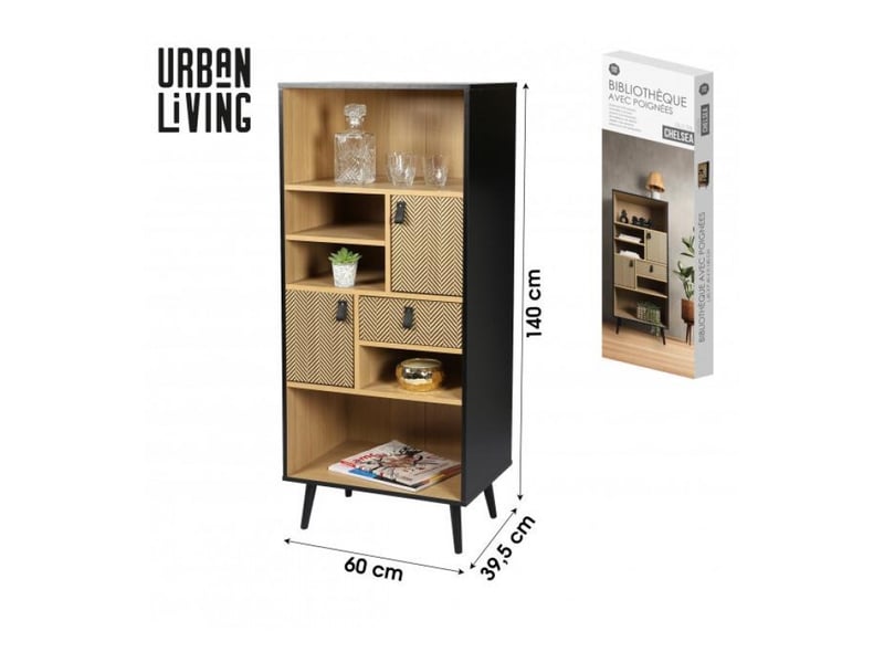 Bibliothèque chelsea avec rangements et poignées effet cuir - 60 x 40 x h140 cm - effet bois et noir - Conforama B