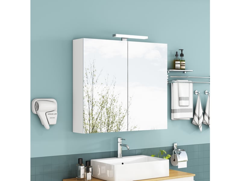 Armoire de toilette murale blanche 80 cm à 2 portes miroir, led et prise française, rangement pratique pour salle de bains - Conforama E