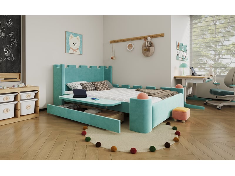  Lit enfant château rembourré avec rangement - 140x200cm - 1 grand tiroir et tablette latérale rabattable - avec sommier à lattes - bleu-vert  - Conforama B