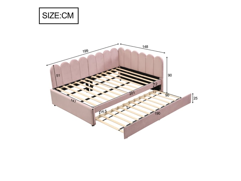 Lit d’angle 140x200 cm velours rose – dossier capitonné, lit gigogne avec tiroirs, sans matelas  - Conforama C