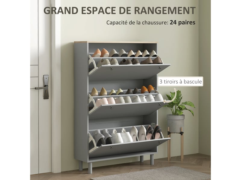  Meuble à chaussures 24 paires avec 3 tiroirs rabattables et étagères réglables, gris, 80x23,5x121cm  - Conforama A