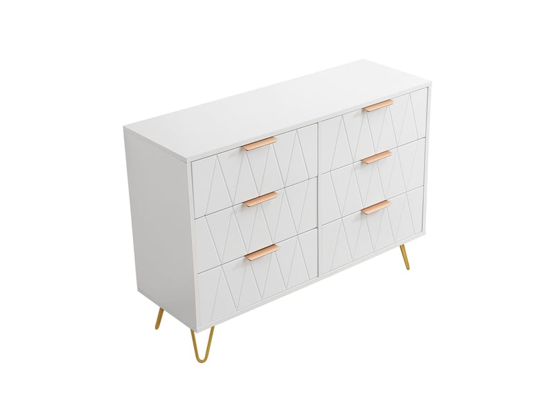  Commode chambre bois 100x34x72,5 cm, 6 tiroirs, meuble de rangement, anti-basculement, pieds en métal, style moderne luxe léger, blanc  - Conforama A