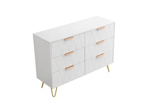 Commode chambre bois 100x34x72,5 cm, 6 tiroirs, meuble de rangement, anti-basculement, pieds en métal, style moderne luxe léger, blanc