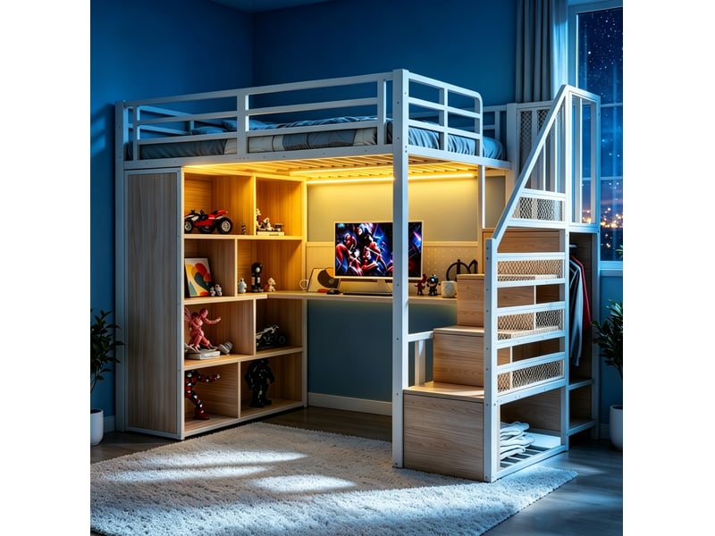  Lit mezzanine 90x200 cm avec bureau, rangements et led blanc  - Conforama B