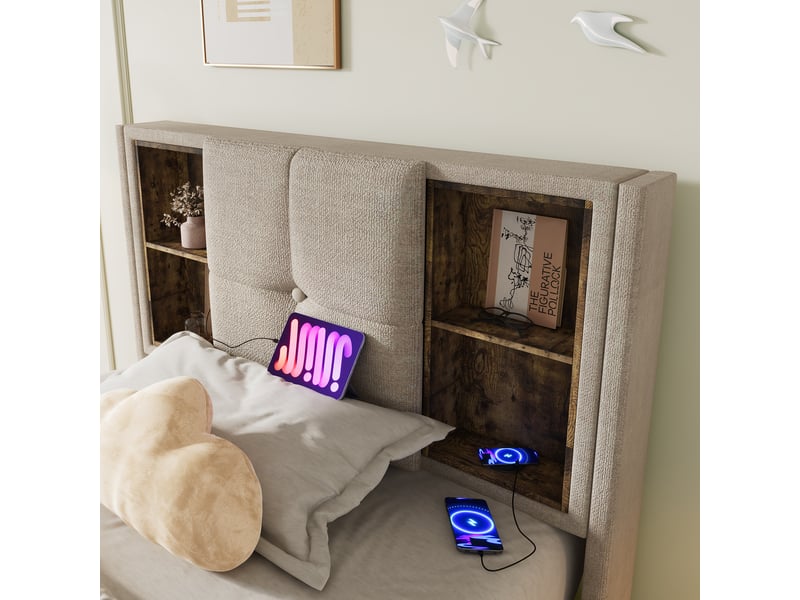  Lit simple 90x200 cm avec tête rangement et 4 niches, lin, naturel, sans matelas  - Conforama D